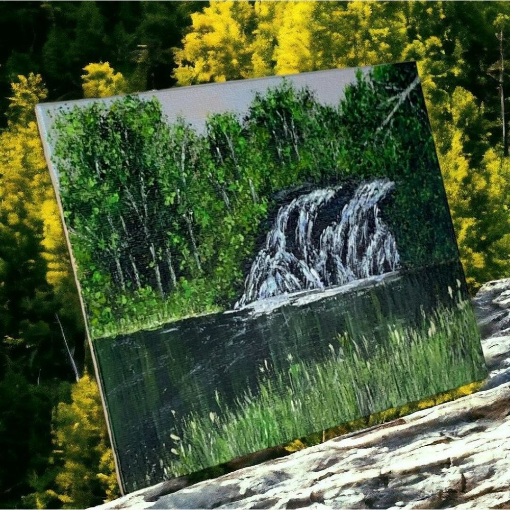 Chasing Waterfalls, 6" x 8" Landscape Acrylic on Canvas Nature Painting by Deb B